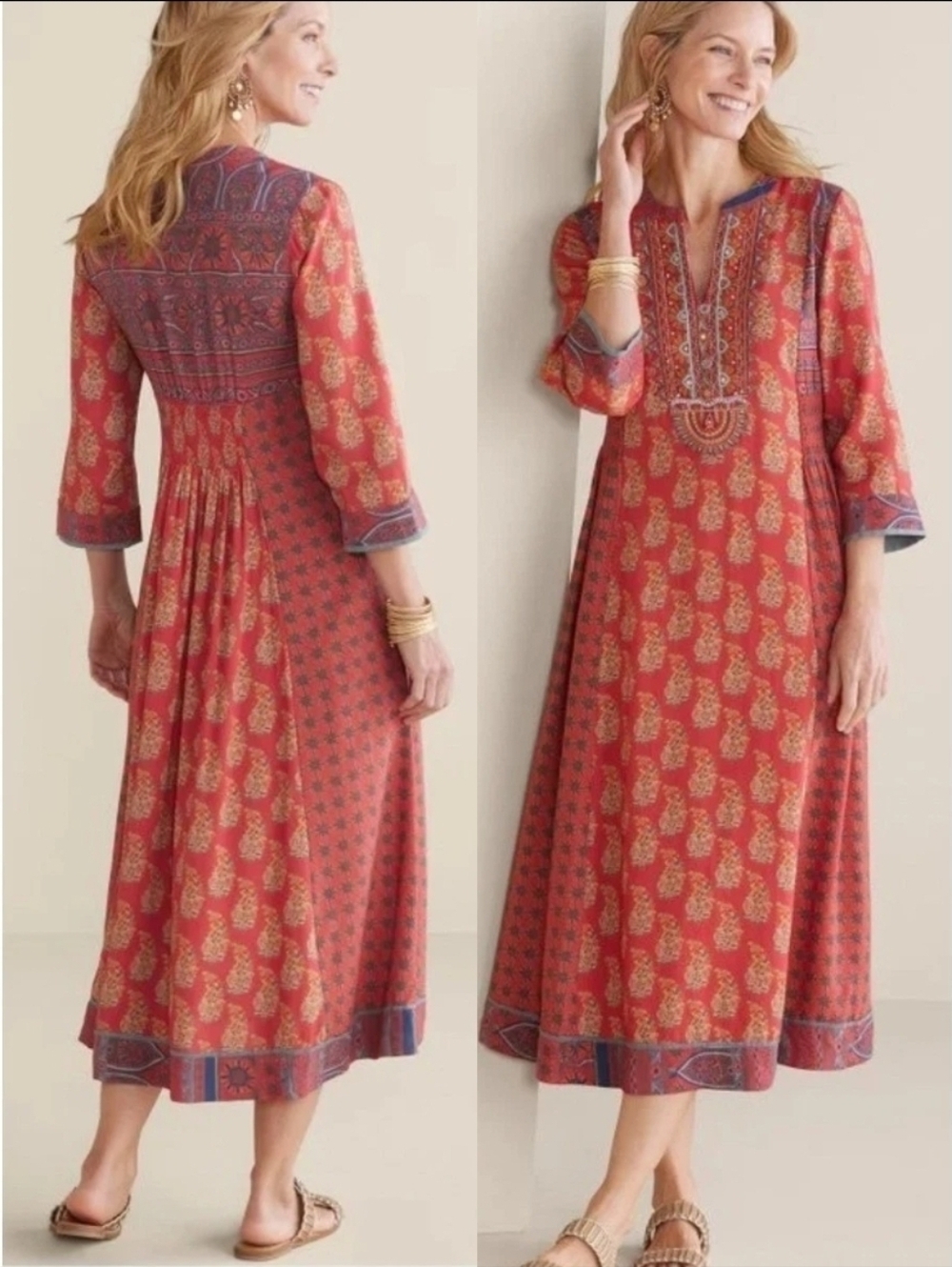 Soft Surroundings, Phoenix Midi Dress, Red Mixed Print, Beaded, Boho Size Medium